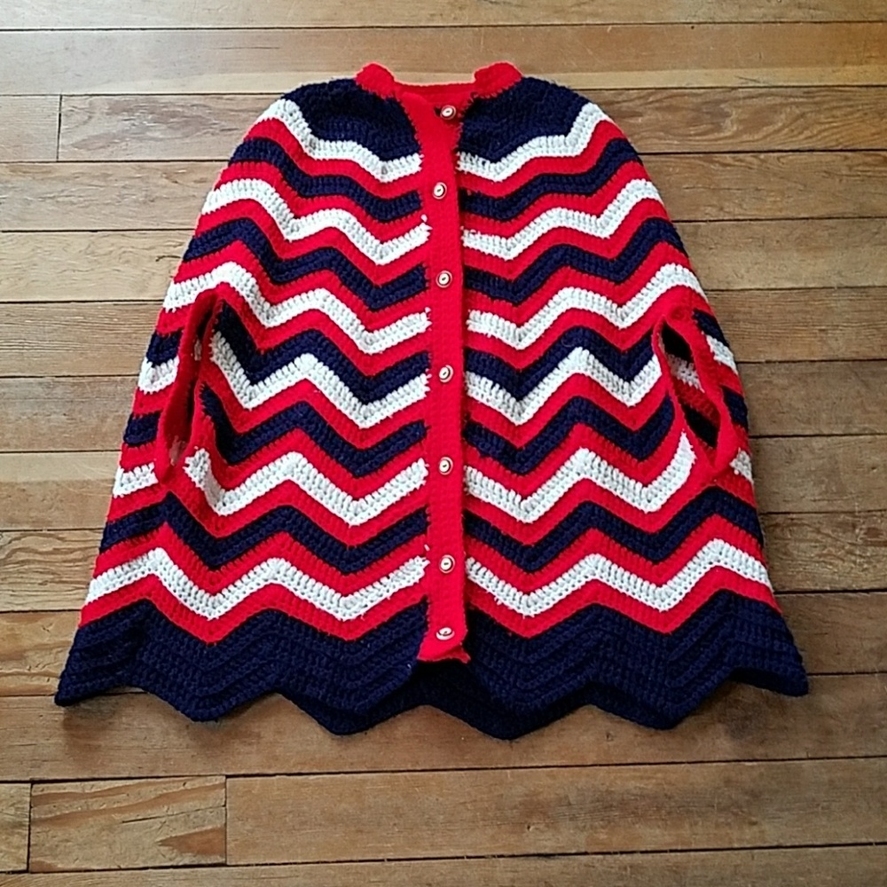 Vintage Handmade Chevron Red White Blue Poncho
